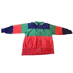 Vintage 90s Colorblock Windbreaker Jacket Red Green Blue Toggle Clasp M Nautical